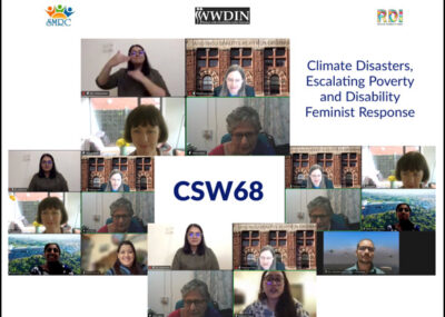 Screenshots of participants speaking at a virtual side event on the occasion of the CSW68 - Climate Disasters, Escalating Poverty and Disability Feminist Response, with SMRC, WWDIN and RDI logo.